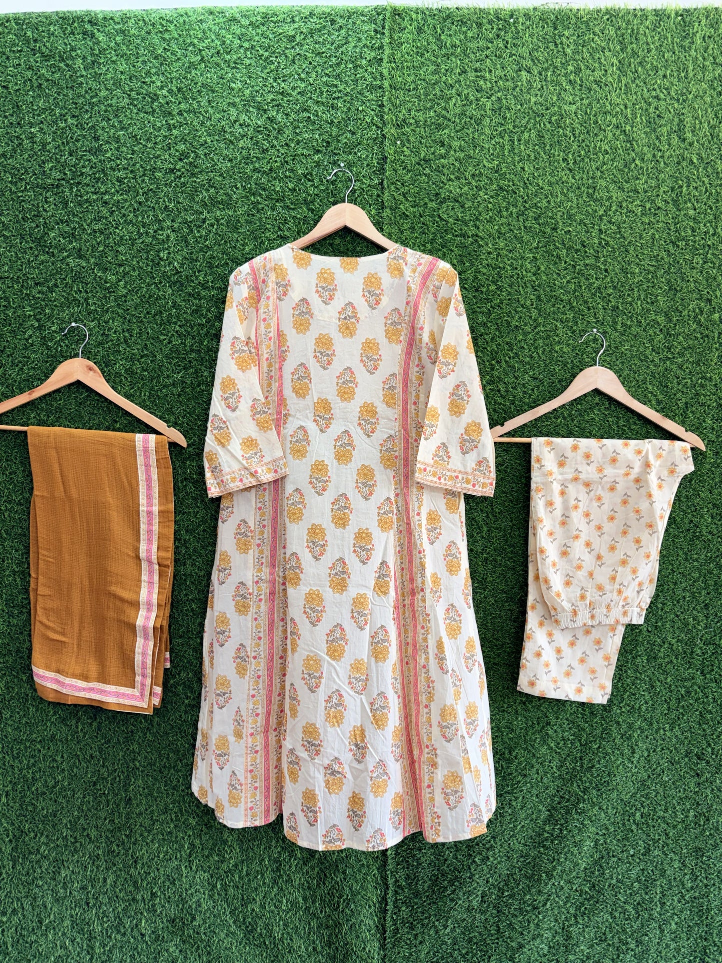 Ivory Floral Printed A-Line Kurta Set with Dupatta & Pant