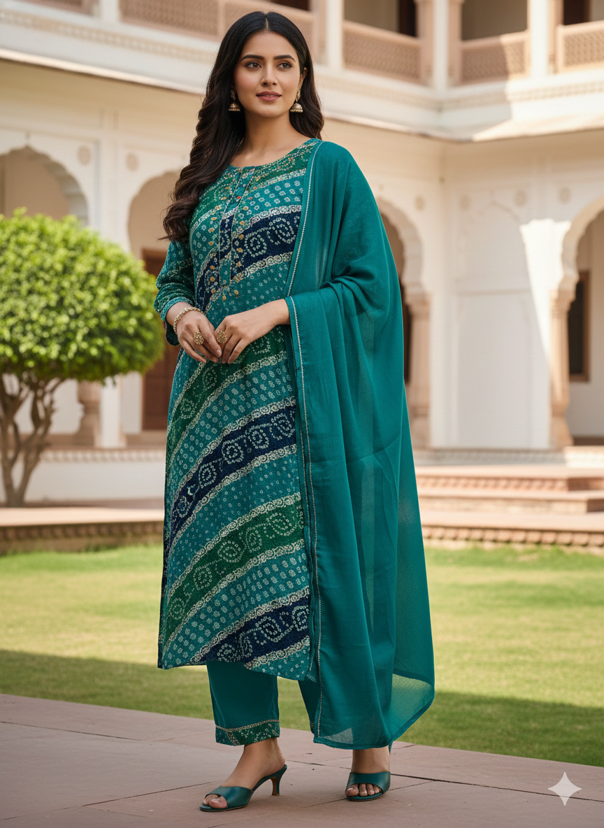 Green Bandhani Embroidered Rayon Kurta Set for Women with Dupatta