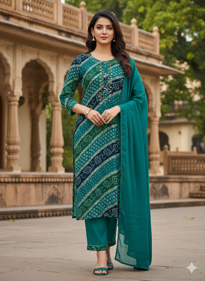 Green Bandhani Embroidered Rayon Kurta Set for Women with Dupatta