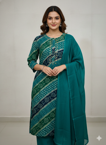Green Bandhani Embroidered Rayon Kurta Set for Women with Dupatta