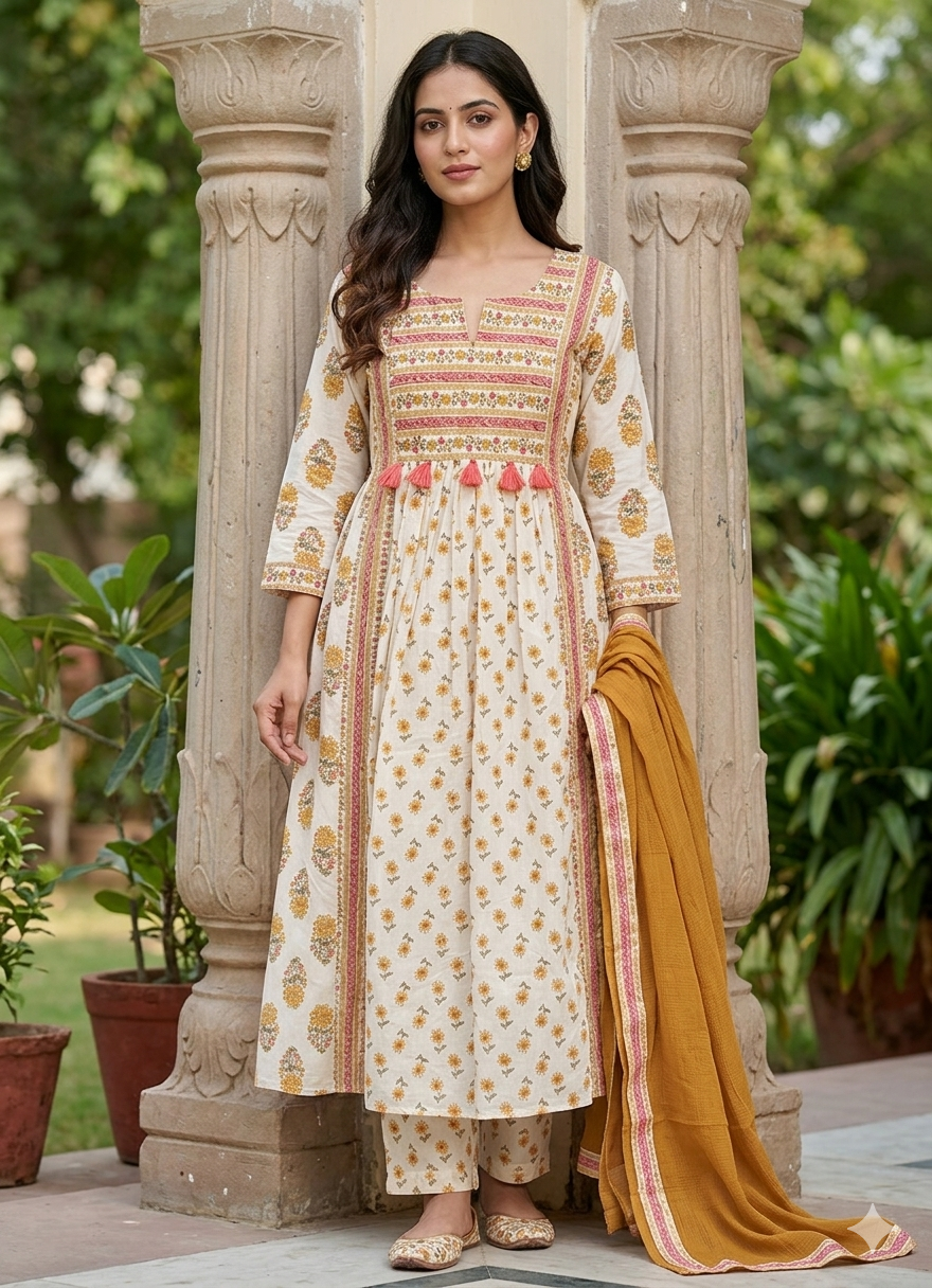Ivory Floral Printed A-Line Kurta Set with Dupatta & Pant