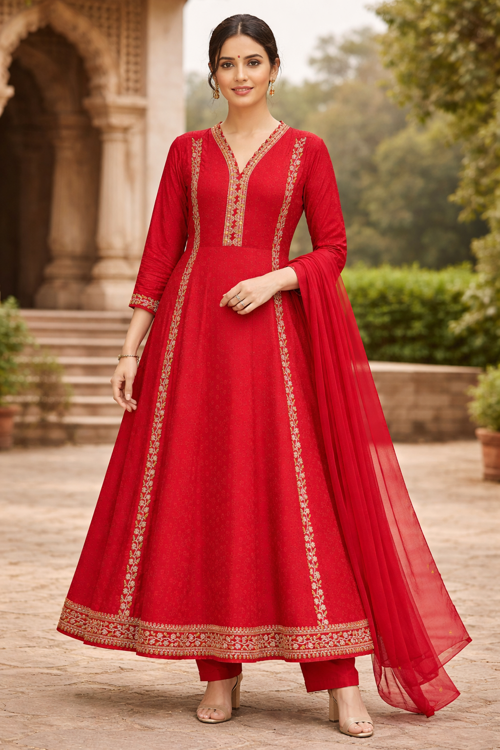 Red Embroidered Anarkali Kurti Set for Women with Chiffon Dupatta