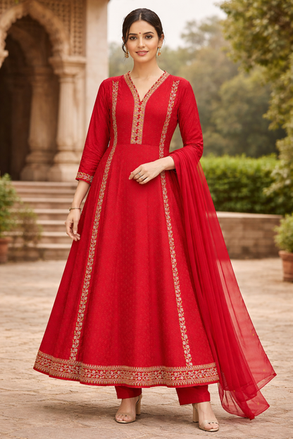 Red Embroidered Anarkali Kurti Set for Women with Chiffon Dupatta