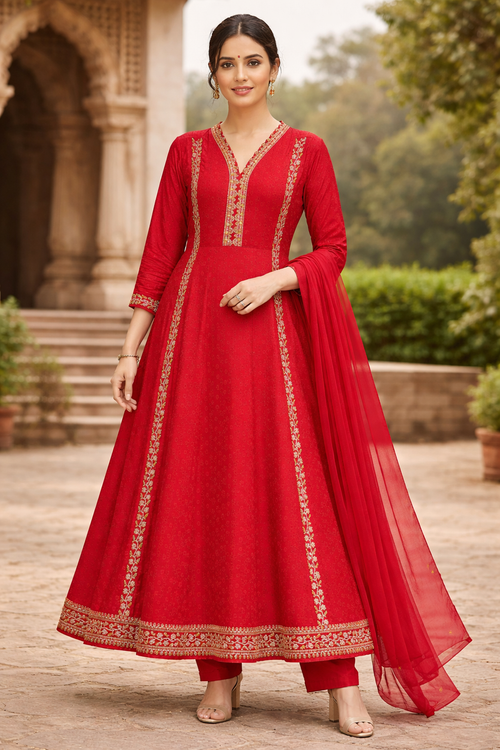 Red Embroidered Anarkali Kurti Set for Women with Chiffon Dupatta