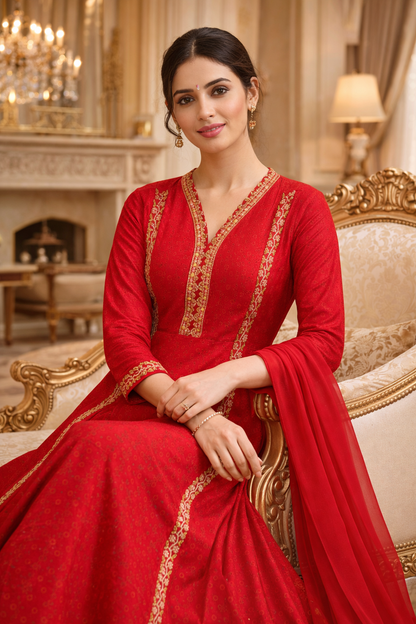 Red Embroidered Anarkali Kurti Set for Women with Chiffon Dupatta