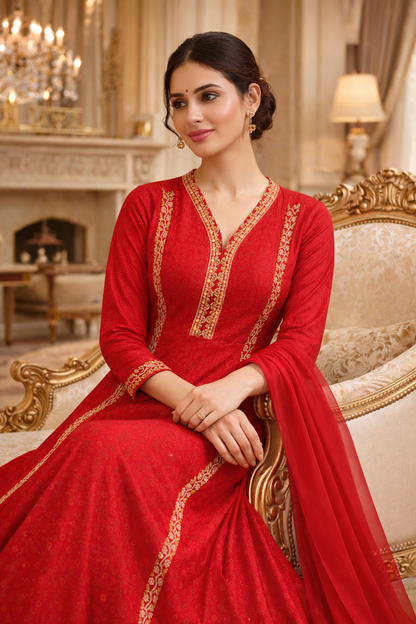 Red Embroidered Anarkali Kurti Set for Women with Chiffon Dupatta