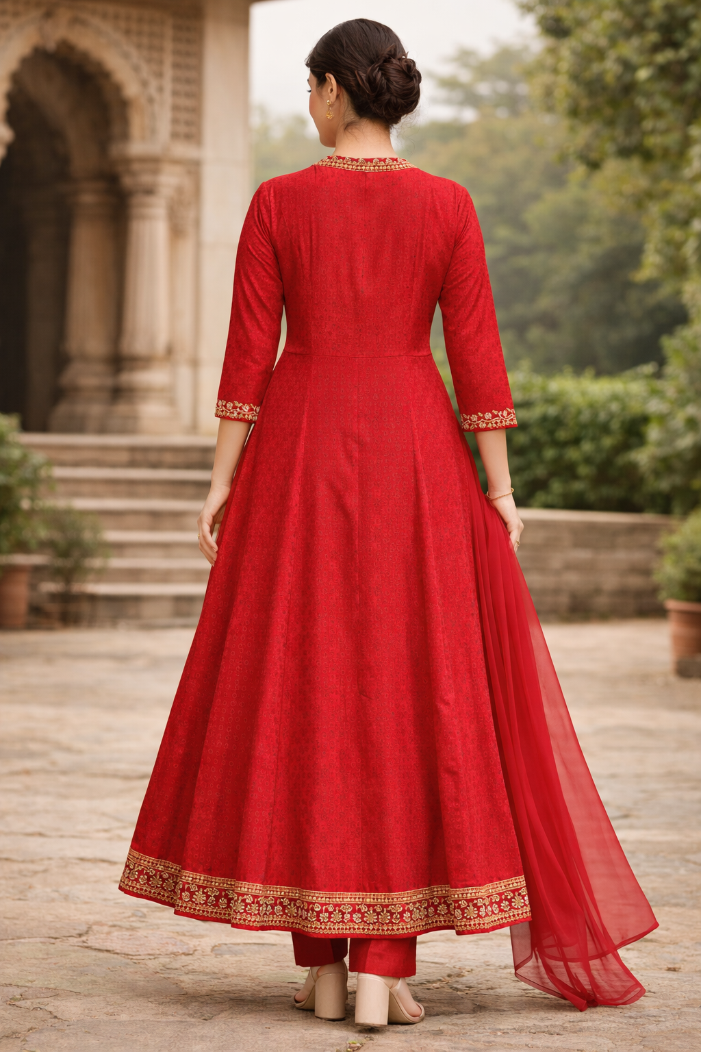 Red Embroidered Anarkali Kurti Set for Women with Chiffon Dupatta