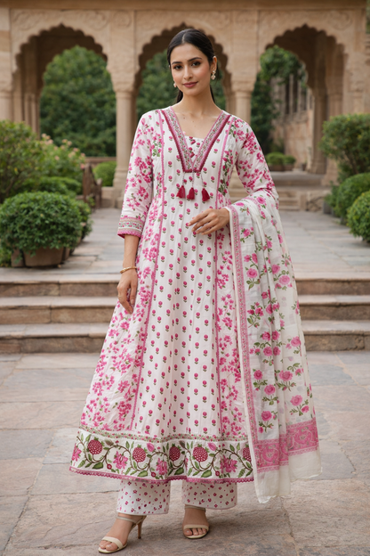 White & Pink Floral Embroidered Anarkali Cotton Kurti Set for Women