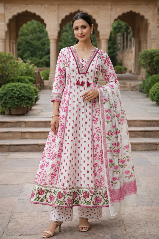 White & Pink Floral Embroidered Anarkali Cotton Kurti Set for Women