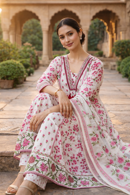 White & Pink Floral Embroidered Anarkali Cotton Kurti Set for Women