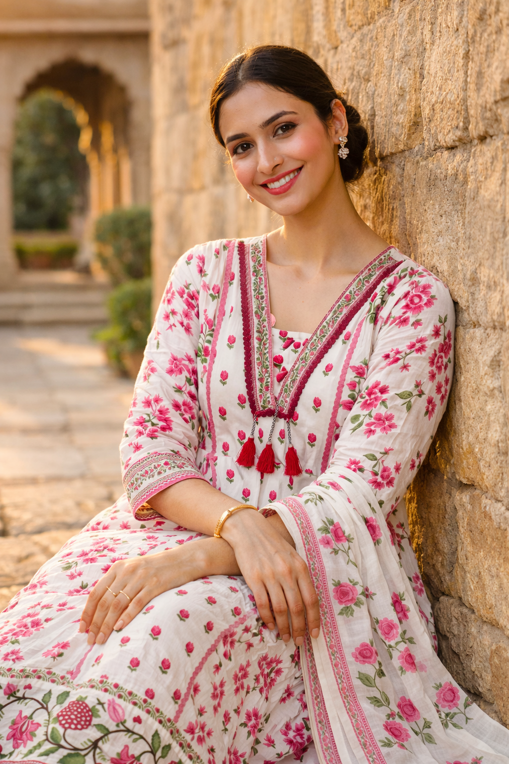 White & Pink Floral Embroidered Anarkali Cotton Kurti Set for Women