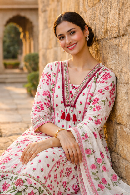 White & Pink Floral Embroidered Anarkali Cotton Kurti Set for Women