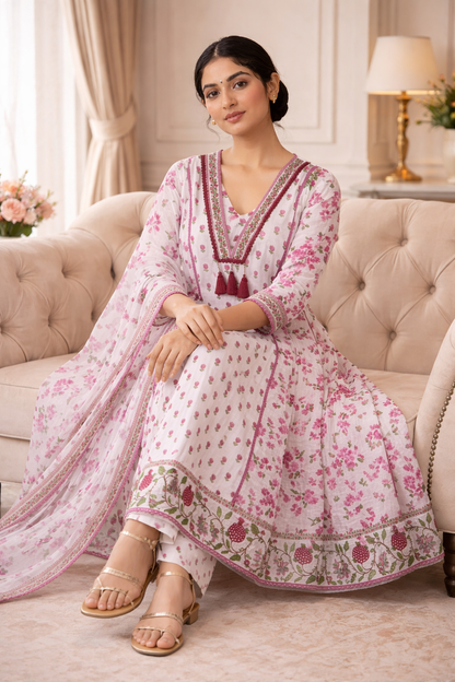 White & Pink Floral Embroidered Anarkali Cotton Kurti Set for Women