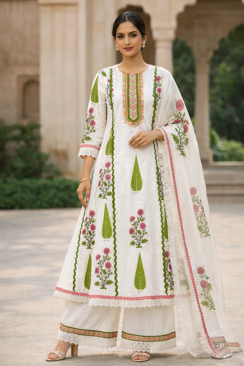 White Floral Printed Embroidered Anarkali Kurti Set for Women