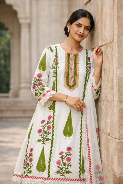 White Floral Printed Embroidered Anarkali Kurti Set for Women