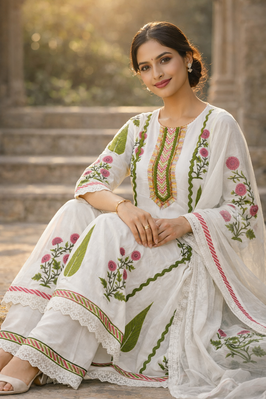 White Floral Printed Embroidered Anarkali Kurti Set for Women