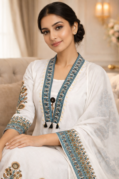 White Floral Print Cotton Blend Anarkali Set for Women with Palazzo & Dupatta