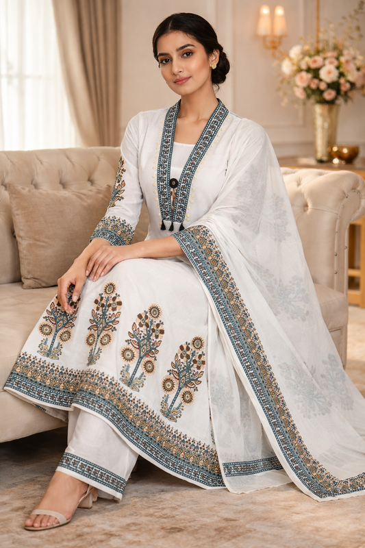 White Floral Print Cotton Blend Anarkali Set for Women with Palazzo & Dupatta