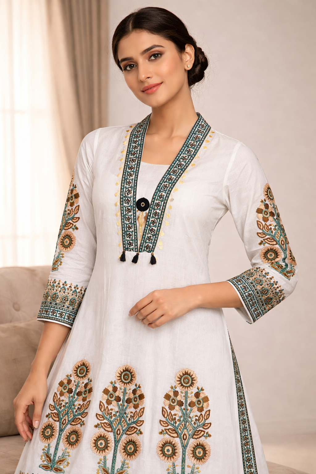 White Floral Print Cotton Blend Anarkali Set for Women with Palazzo & Dupatta