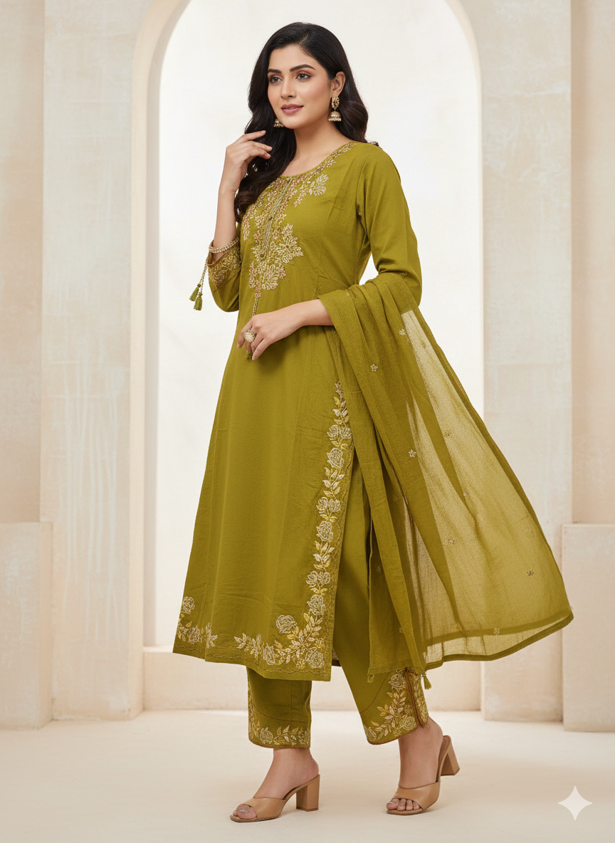 Olive Green Embroidered Cotton Kurta Set for Women