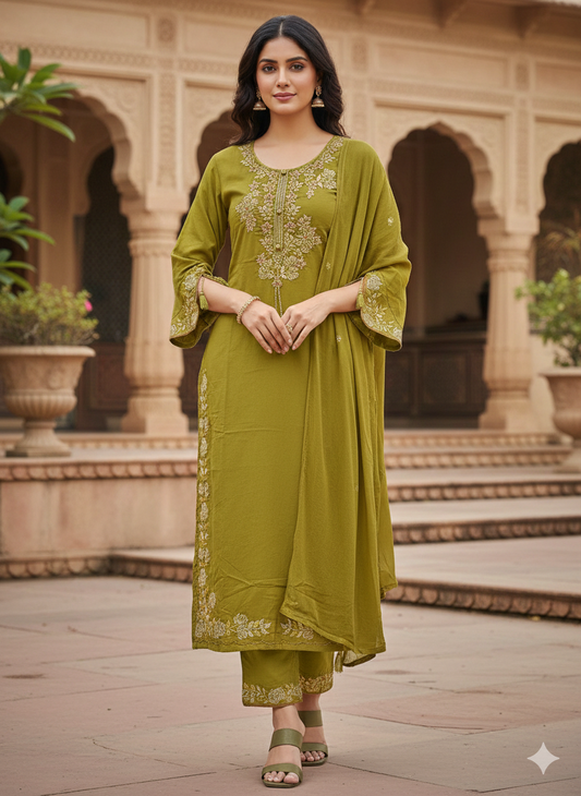 Olive Green Embroidered Cotton Kurta Set for Women