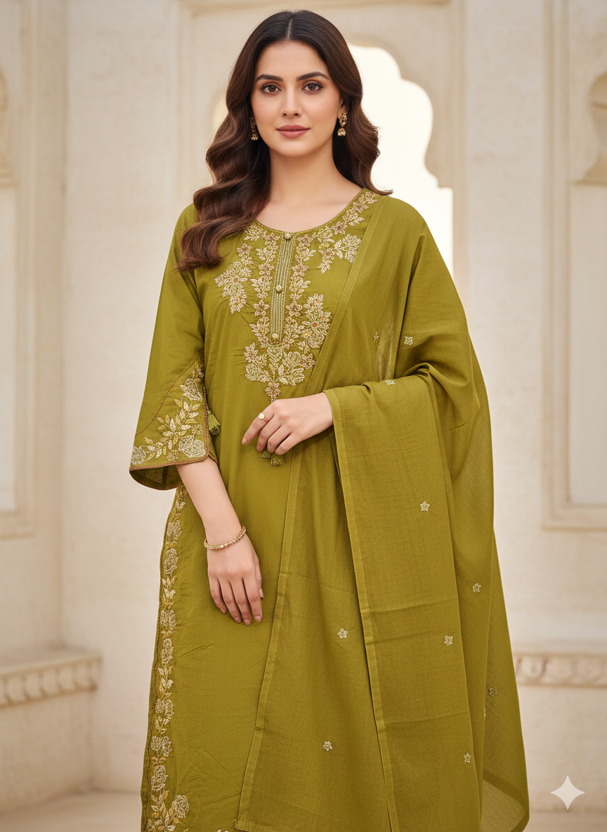Olive Green Embroidered Cotton Kurta Set for Women