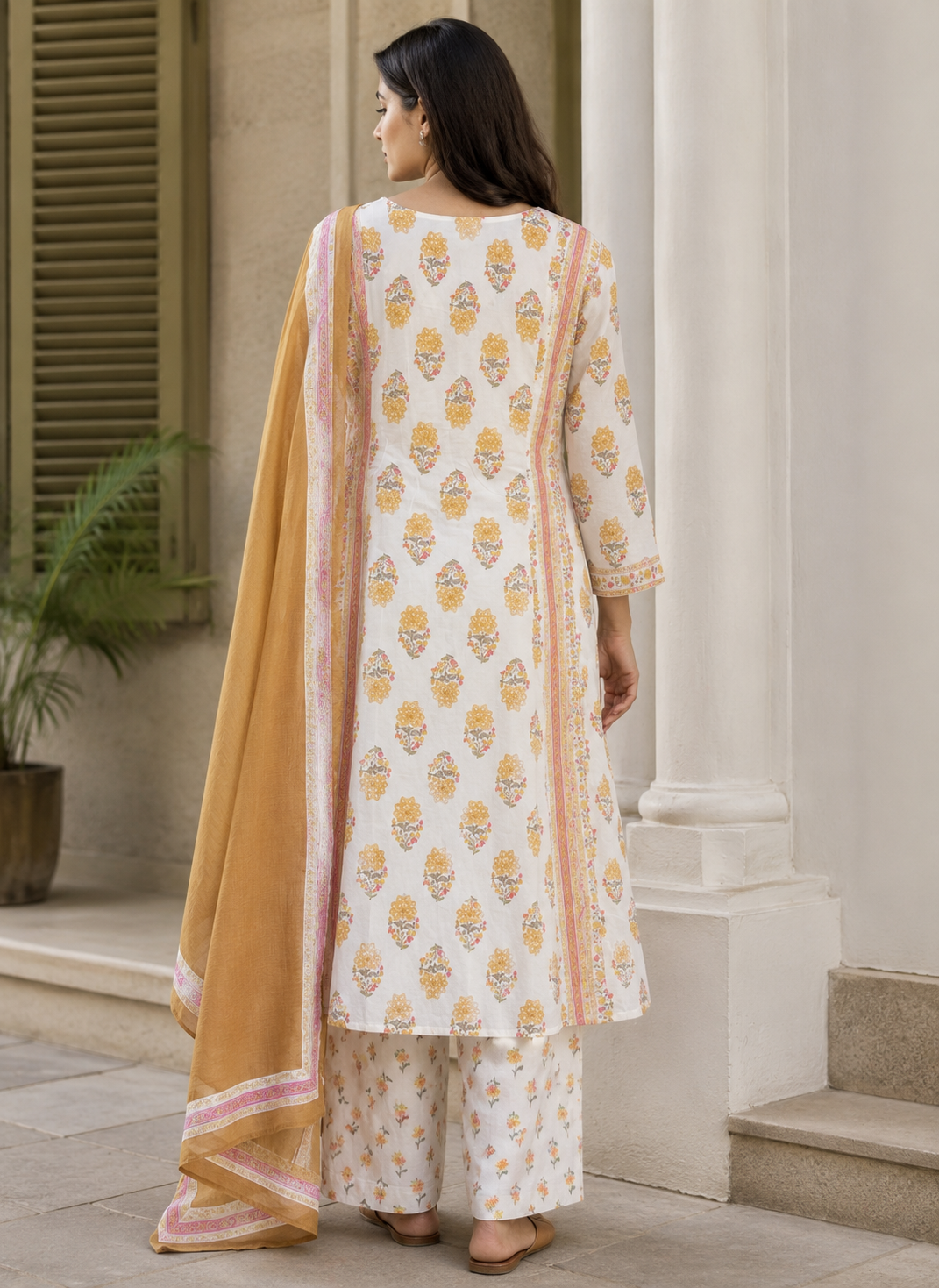 Ivory Floral Printed A-Line Kurta Set with Dupatta & Pant