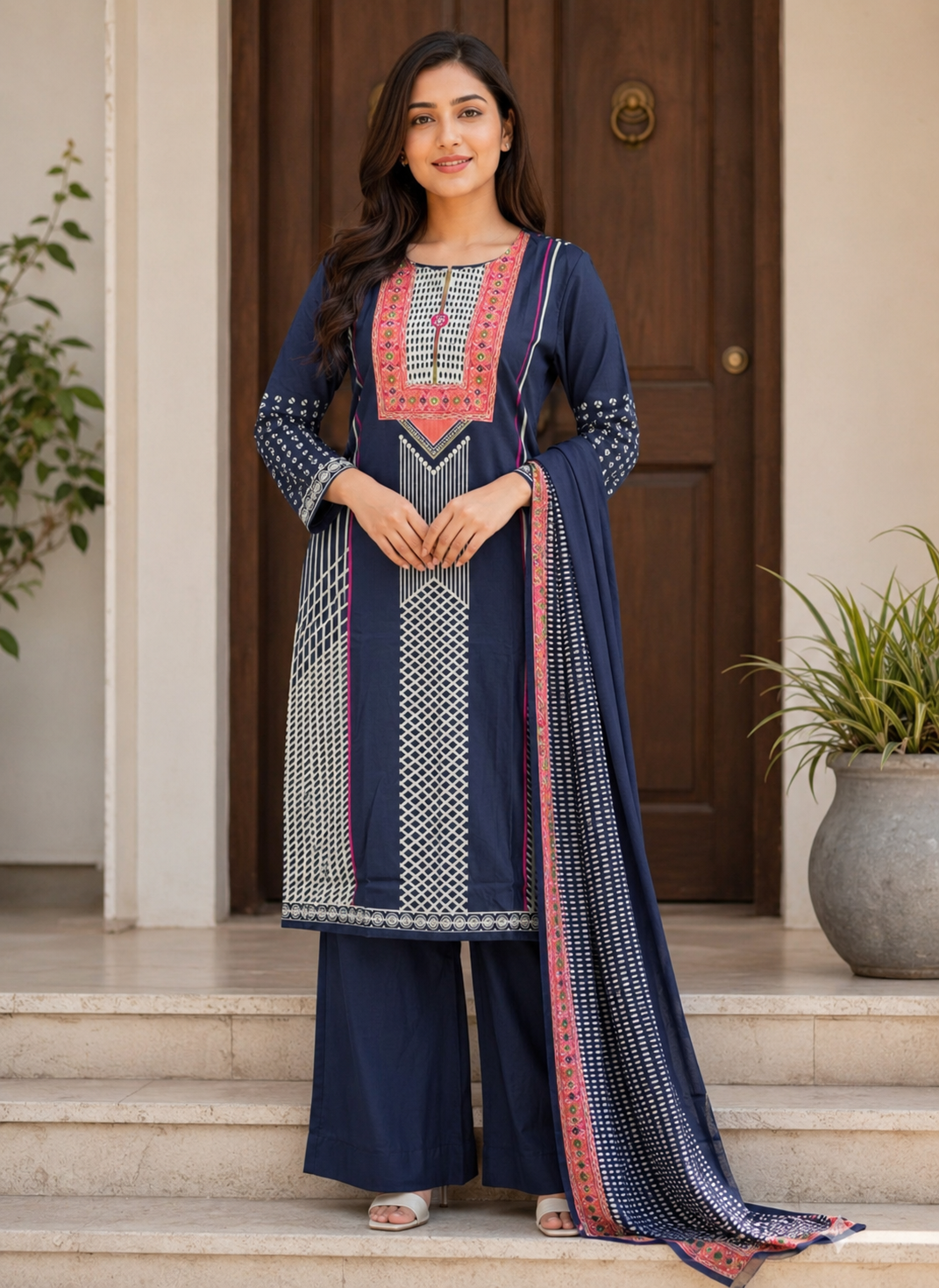 Navy Blue Printed Kurta Set with Dupatta & Pant
