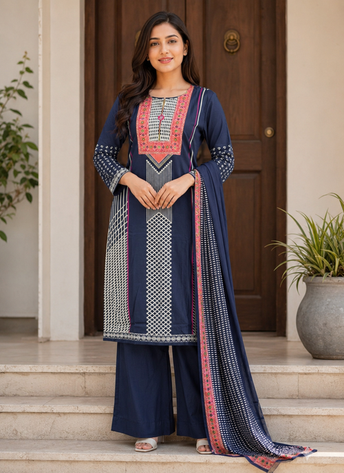Navy Blue Printed Kurta Set with Dupatta & Pant