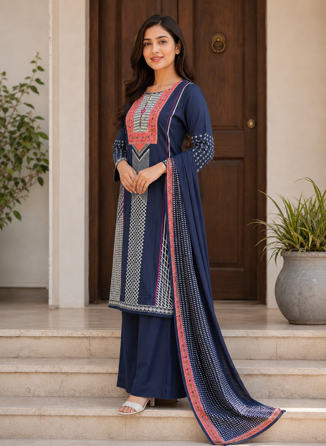 Navy Blue Printed Kurta Set with Dupatta & Pant