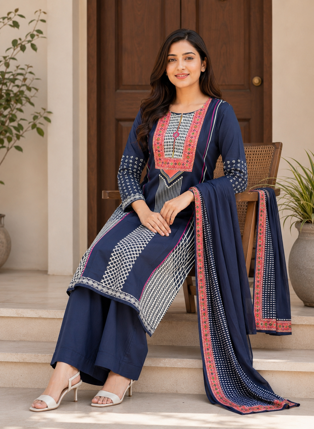 Navy Blue Printed Kurta Set with Dupatta & Pant