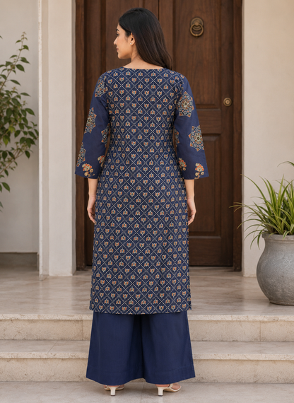 Navy Blue Printed Kurta Set with Dupatta & Pant