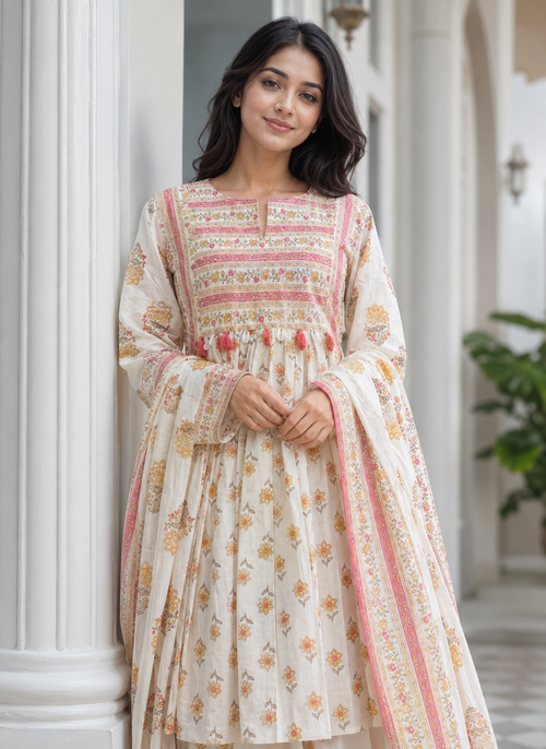 Ivory Floral Printed A-Line Kurta Set with Dupatta & Pant