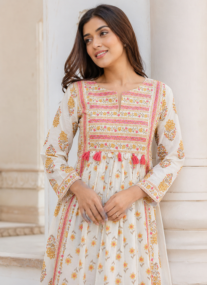Ivory Floral Printed A-Line Kurta Set with Dupatta & Pant