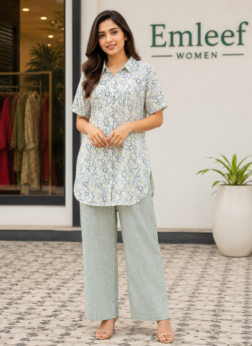 Sage Green Printed Shirt Co-Ord Set