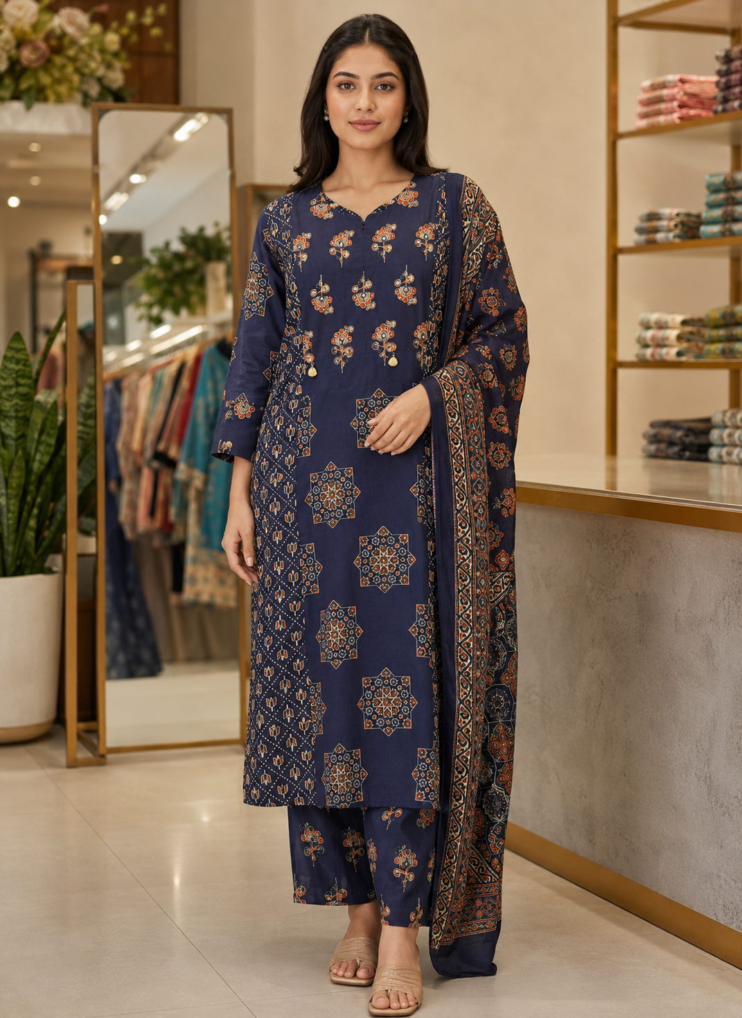 Navy Blue Printed Cotton Kurti Set with Dupatta & Pant