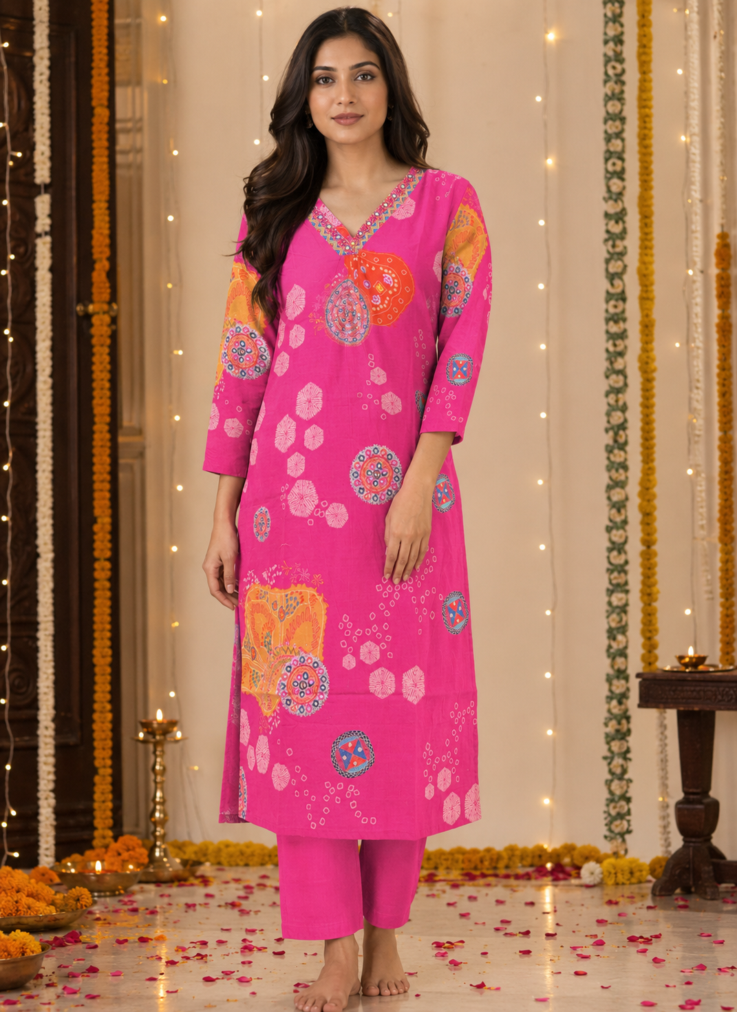 Rani Pink Premium Printed Straight Co-Ord Set