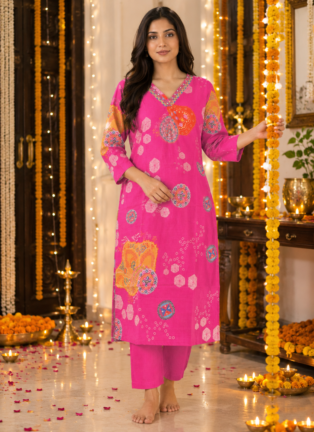 Rani Pink Premium Printed Straight Co-Ord Set