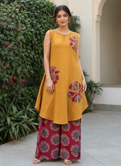 Mustard Yellow Printed Cotton Co-Ord Set for Women