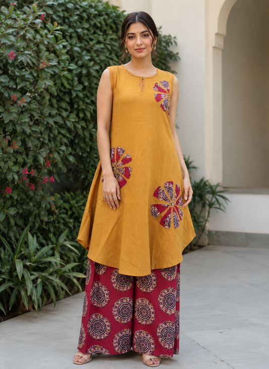 Mustard Yellow Printed Cotton Co-Ord Set for Women
