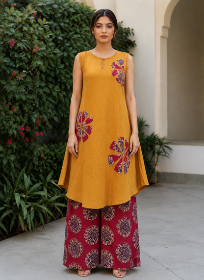 Mustard Yellow Printed Cotton Co-Ord Set for Women