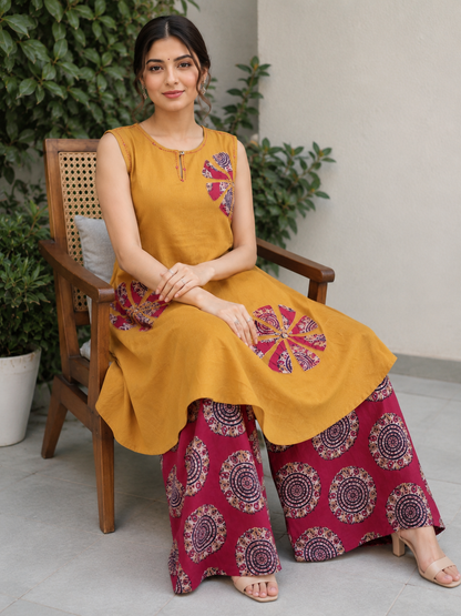Mustard Yellow Printed Cotton Co-Ord Set for Women