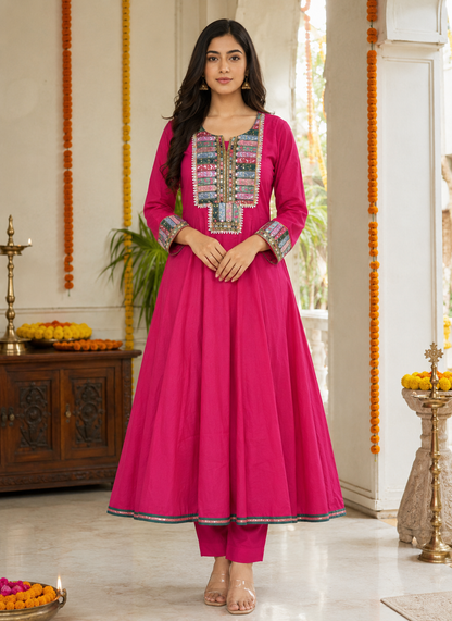 Rani Pink Embroidered Cotton Anarkali Kurti Set with Dupatta & Pant