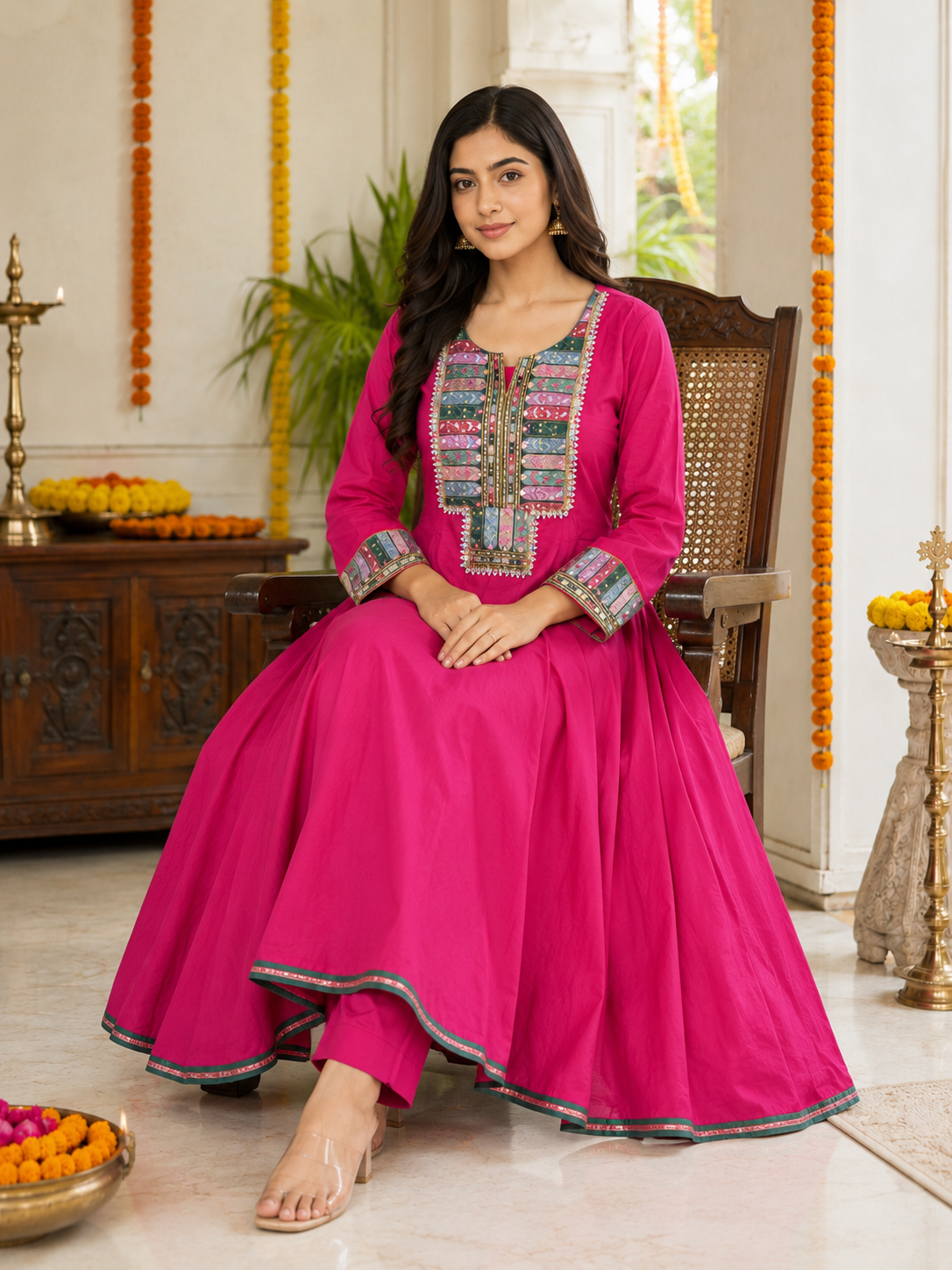 Rani Pink Embroidered Cotton Anarkali Kurti Set with Dupatta & Pant