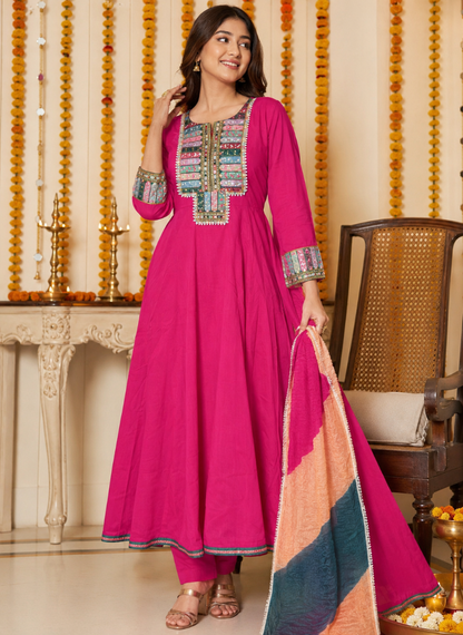 Rani Pink Embroidered Cotton Anarkali Kurti Set with Dupatta & Pant