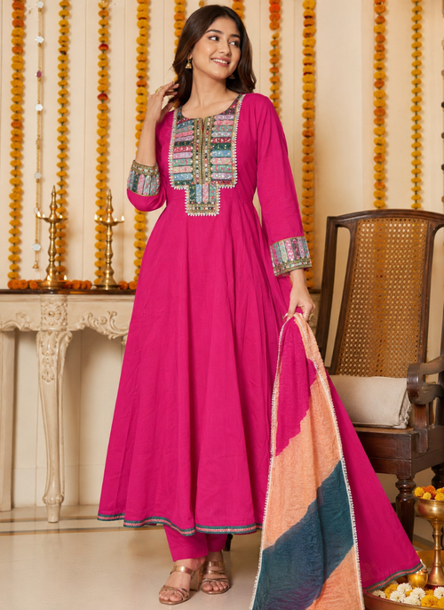 Rani Pink Embroidered Cotton Anarkali Kurti Set with Dupatta & Pant