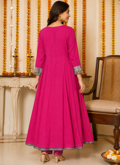 Rani Pink Embroidered Cotton Anarkali Kurti Set with Dupatta & Pant