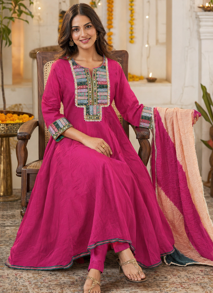 Rani Pink Embroidered Cotton Anarkali Kurti Set with Dupatta & Pant