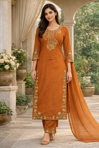 Orange Embroidered Cotton Kurta Set for Women with Dupatta