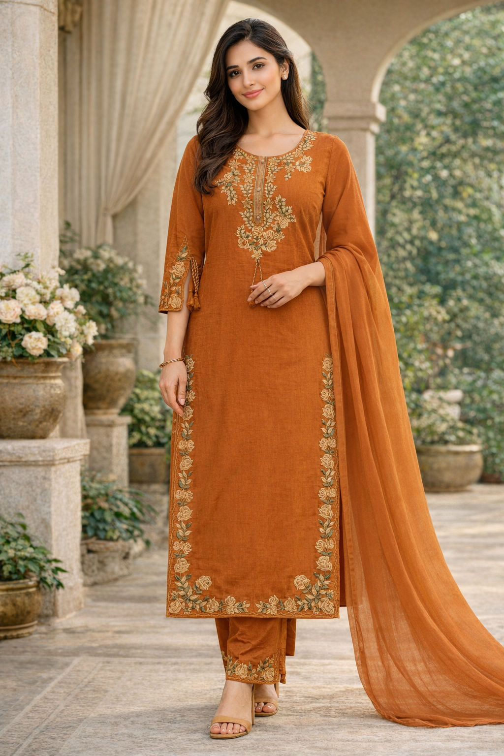 Orange Embroidered Cotton Kurta Set for Women with Dupatta